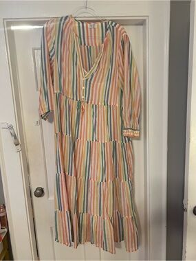 Pink City Prints Striped V-Neck Tiered Maxi Dress in Multi